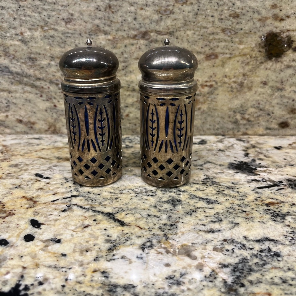 Cobalt Blue Glass Salt & Pepper Shakers in Silver-plated Reticulated Jackets